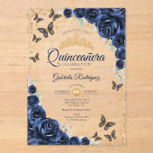Navy Gold Floral Quinceanera アクリル招待状 (正面)