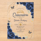 Navy Gold Floral Quinceanera アクリル招待状 (正面)