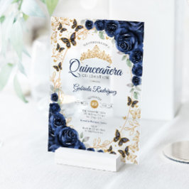 Navy Gold Floral Quinceanera アクリル招待状