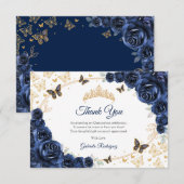 Navy Gold Floral Quinceanera サンキューカード (正面/裏面)