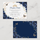 Navy Gold Floral Quinceanera Reception Details エンクロージャーカード (正面/裏面)