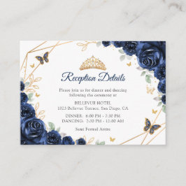 Navy Gold Floral Quinceanera Reception Details エンクロージャーカード