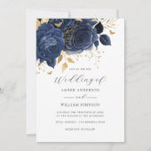 Navy Gold Floral Rose Wedding   招待状 (正面)