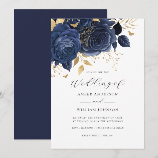 Navy Gold Floral Rose Wedding   招待状 (正面/裏面)