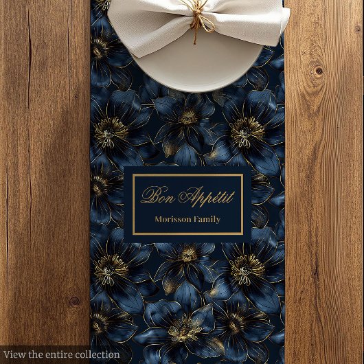 Navy Gold Floral Table Runner Trendy Minimalist ミディアムテーブルランナー
