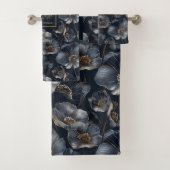 Navy Gold Floral Towels Elegant Monogram Accent バスタオルセット (インサイチュ)