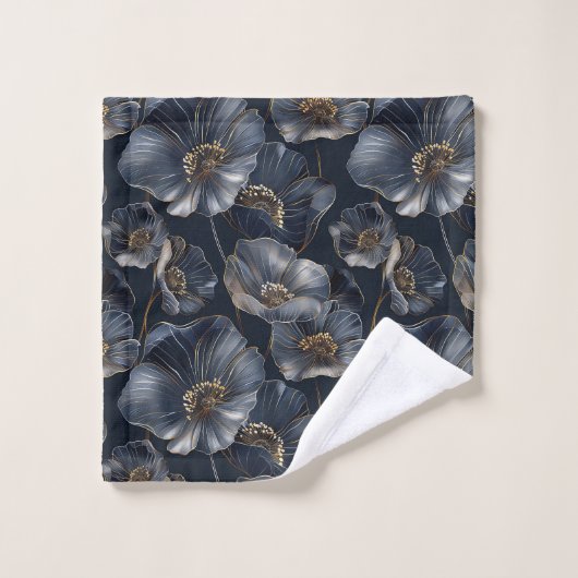 Navy Gold Floral Towels Elegant Monogram Accent バスタオルセット (ウォッシュタオル)