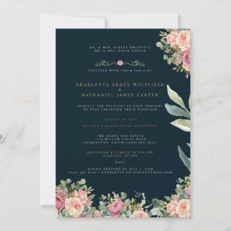 Navy & Gold Floral Wedding Invitation | Elegant Ro 招待状