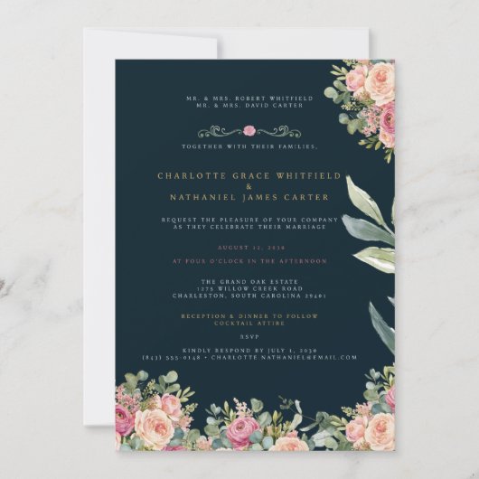 Navy & Gold Floral Wedding Invitation | Elegant Ro 招待状 (正面)