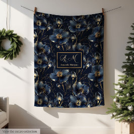 Navy Gold Flower Blanket Modern Custom Name Style フリースブランケット