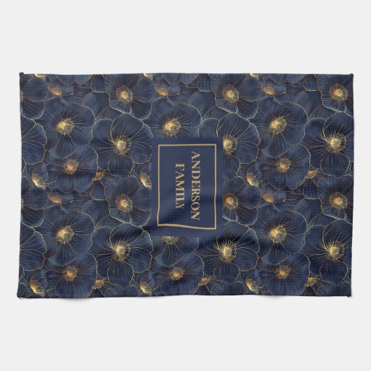 Navy Gold Flower Towel Modern Monogram Kitchen キッチンタオル (横)