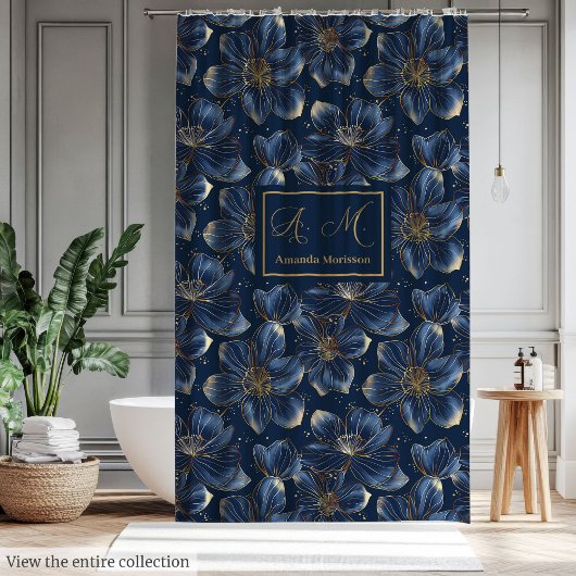 Navy Gold Flowers Shower Curtain Lux Minimalist シャワーカーテン