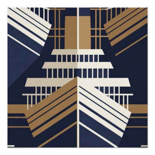 Navy Gold Geometric Maritime Ocean Liner Art Deco ポスター (正面)