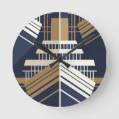 Navy Gold Geometric Maritime Ocean Liner Art Deco ラウンド壁時計 (正面)