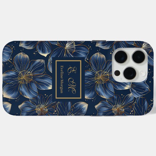 Navy Gold iPhone Case Elegant Floral Custom Name Case-Mate iPhoneケース (裏面 (横))