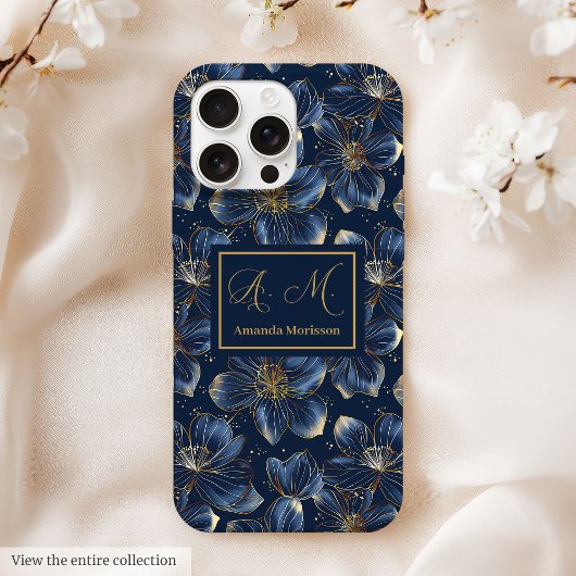 Navy Gold iPhone Case Elegant Floral Custom Name Case-Mate iPhoneケース