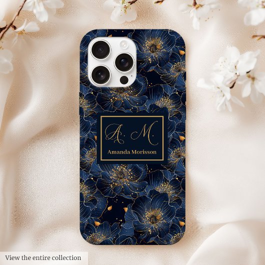Navy Gold iPhone Case Lux Monogram Floral Accent Case-Mate iPhoneケース