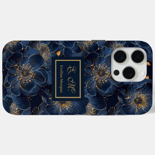 Navy Gold iPhone Case Lux Monogram Floral Accent Case-Mate iPhoneケース (裏面 (横))