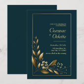 Navy Gold Leaf Botanical Wedding 招待状 (正面/裏面)