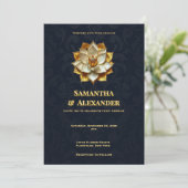 Navy Gold Lotus Wedding Invitation Elegant 招待状 (スタンド正面)