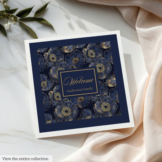Navy Gold Lux Napkins Custom Name Floral Accent