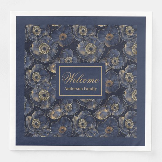 Navy Gold Lux Napkins Custom Name Floral Accent (正面)