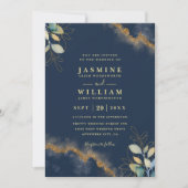 Navy Gold Modern Elegant Chic QR Code Wedding 招待状 (正面)