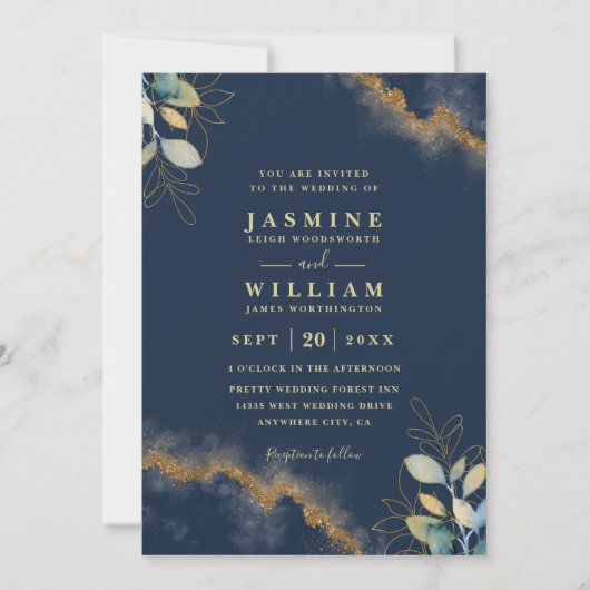 Navy Gold Modern Elegant Chic QR Code Wedding 招待状 (正面)