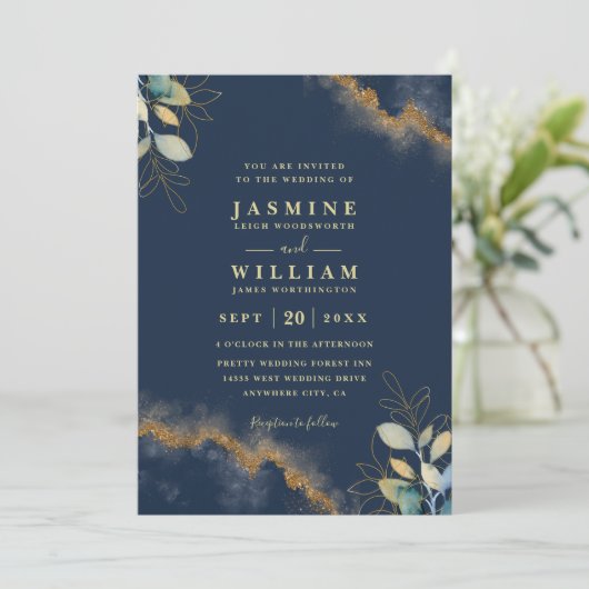 Navy Gold Modern Elegant Chic QR Code Wedding 招待状 (スタンド正面)