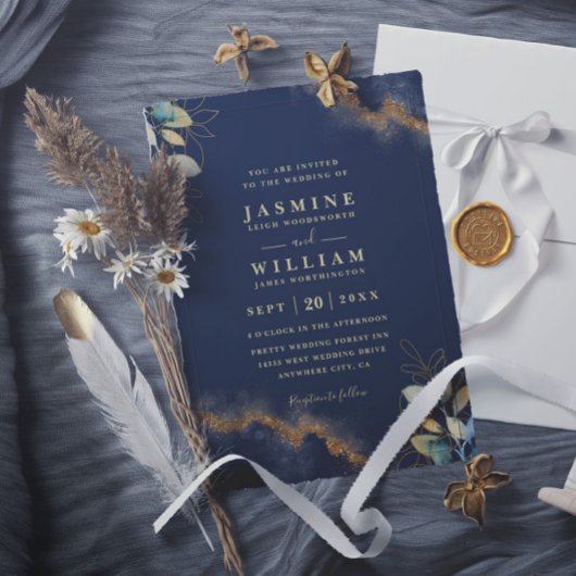 Navy Gold Modern Elegant Chic QR Code Wedding 招待状