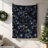 Navy Gold Monogram Blanket Chic Floral Decor フリースブランケット