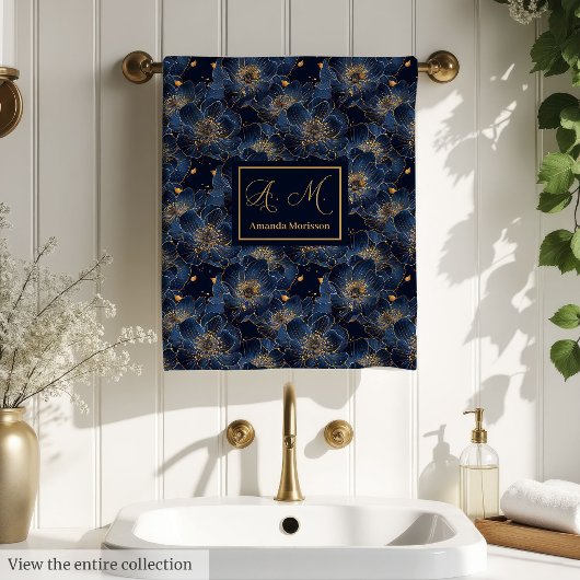 Navy Gold Monogram Towels Chic Wedding Gift バスタオルセット
