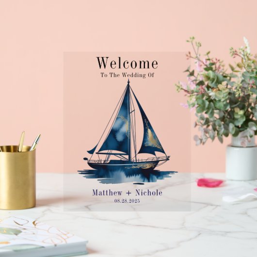 Navy Gold Nautical Boat Gold Wedding Welcome Sign アクリルサイン (ウェディング)