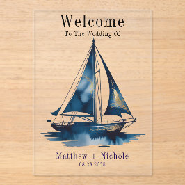 Navy Gold Nautical Boat Gold Wedding Welcome Sign アクリル招待状