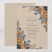 Navy Gold Ornate Rustic Wedding 招待状 (正面/裏面)