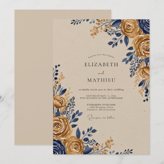 Navy Gold Ornate Rustic Wedding 招待状 (正面/裏面)