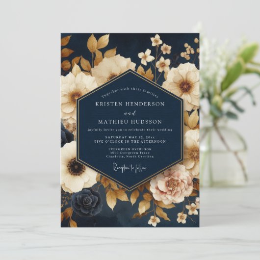 Navy Gold Painterly Bloom Wedding 招待状 (スタンド正面)