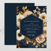 Navy Gold Painterly Bloom Wedding 招待状 (正面/裏面)