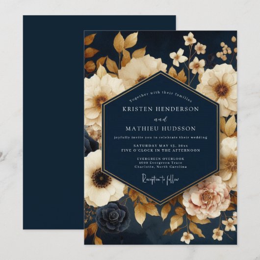Navy Gold Painterly Bloom Wedding 招待状 (正面/裏面)