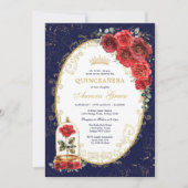 Navy Gold Quinceañera Enchanted Red Roses Party 招待状 (正面)