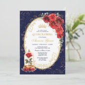 Navy Gold Quinceañera Enchanted Red Roses Party 招待状 (スタンド正面)
