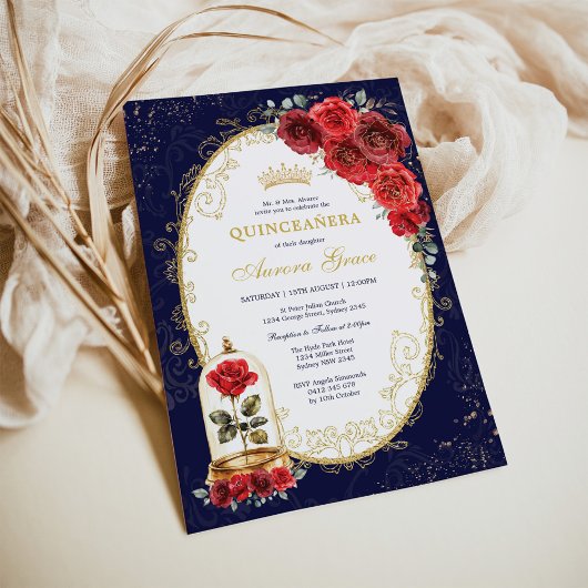 Navy Gold Quinceañera Enchanted Red Roses Party 招待状