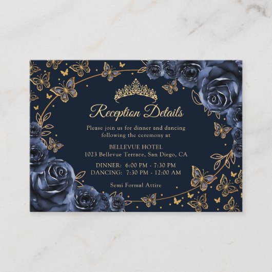 Navy Gold Quinceanera Reception Details エンクロージャーカード (正面)