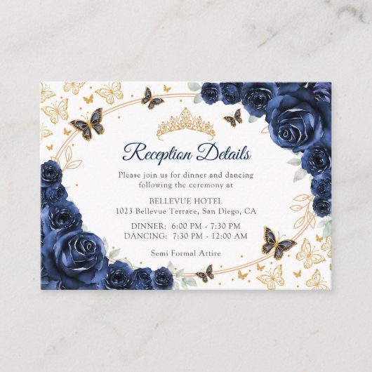 Navy Gold Quinceanera Reception Details エンクロージャーカード (正面)