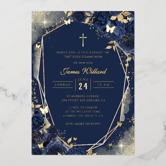 Navy Gold Rose Boys First Communion Foil 箔招待状 (正面)