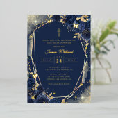 Navy Gold Rose Boys First Communion Foil 箔招待状 (立ち正面)