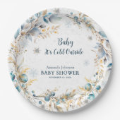 Navy Gold Snowflake Its Cold Outside Baby Shower ペーパープレート (正面)