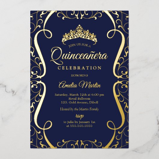 Navy Gold Swirl Elegant Quinceanera 箔招待状 (正面)