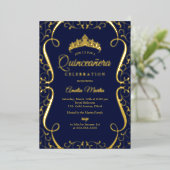 Navy Gold Swirl Elegant Quinceanera 箔招待状 (立ち正面)