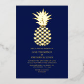 Navy & Gold Tropical Pineapple Wedding 箔招待状 (正面)
